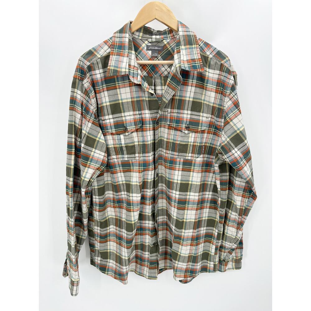 Eddie Bauer Mens XLT Green Earth Tone Plaid Classic Fit Button Up Shirt 13101845